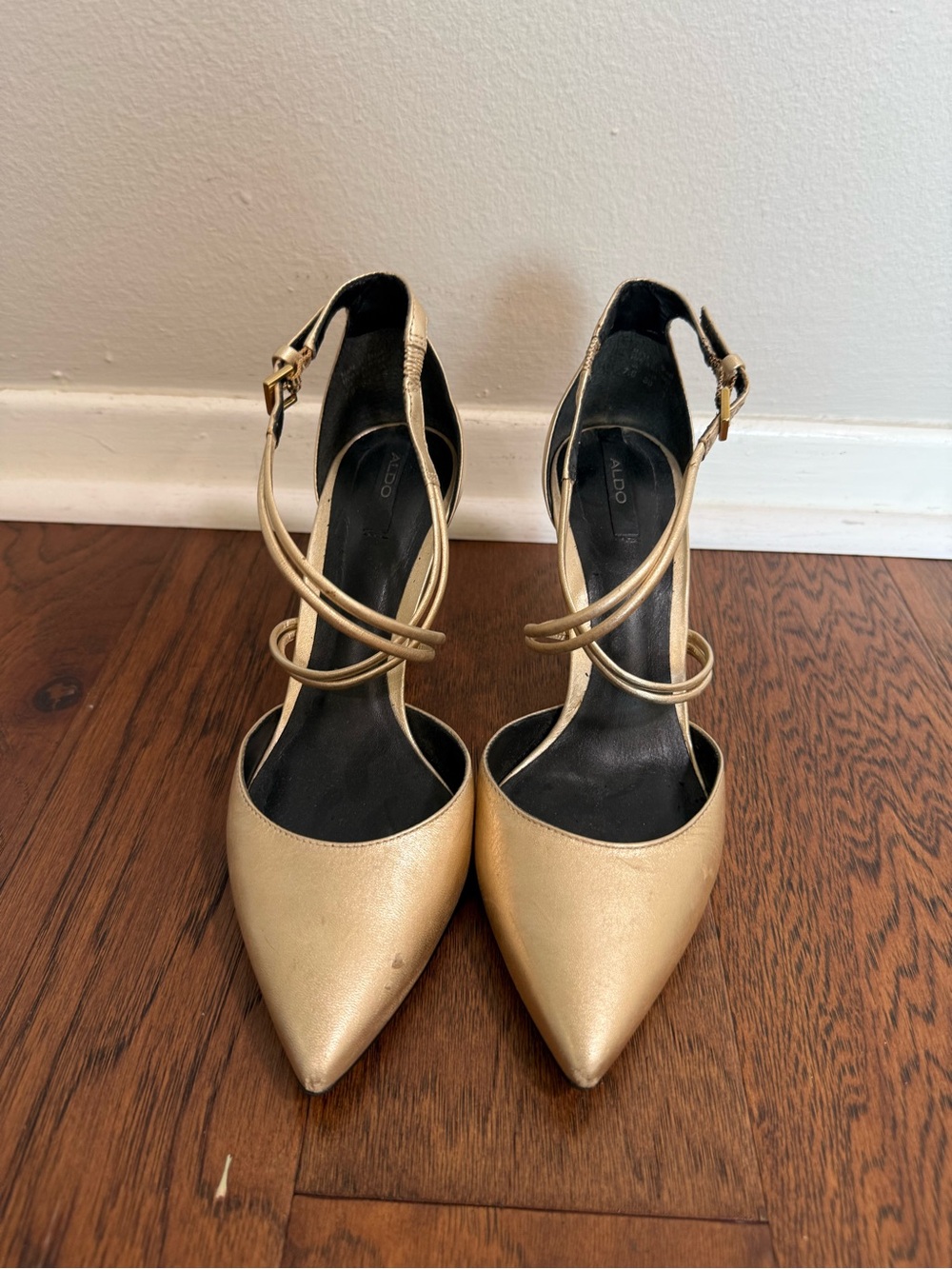 Aldo Metallic Gold Pointed-Toe Ankle-Strap Heels